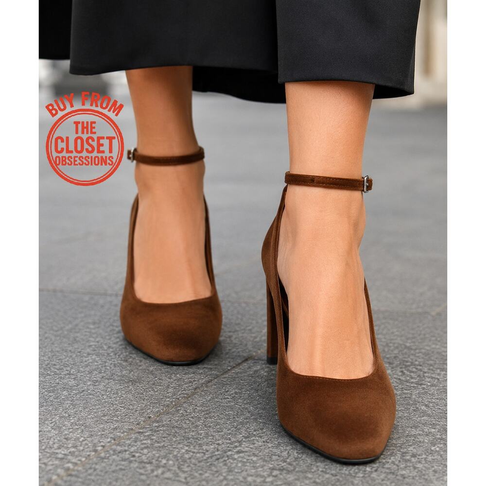 Zara NWT Brown Ocher Velvet Ankle Strap Rounded Toe High Heel Pumps 8 - Picture 4 of 16